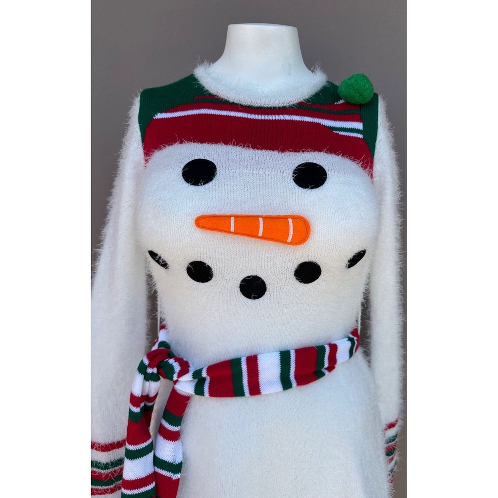 Women's Snowman Christmas Fuzzy Stretchy Sweater Dress Size XS Party Holiday NEW - Picture 2 of 13